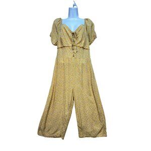 Luxology Womens Lace Up Jumpsuit Sze L Yellow Floral Short Sleeve Wide Leg Boho